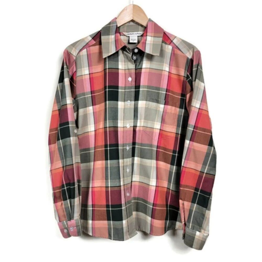 Allison Daley Plaid Button Down Blouse Peach Cream Green Pink Women Size 10